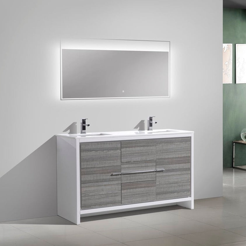 KubeBath Dolce 60″ Double Sink Ash Gray Modern Bathroom Vanity with White Quartz Counter-Top AD660DHG