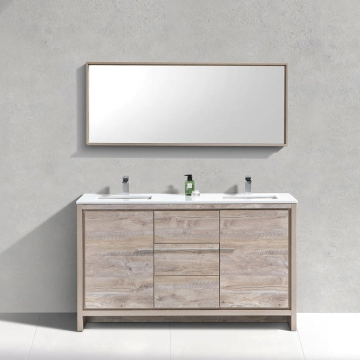 KubeBath Dolce 60″ Double Sink Nature Wood Modern Bathroom Vanity with White Quartz Counter-Top AD660DNW