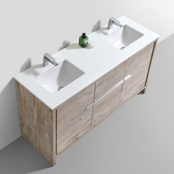 KubeBath Dolce 60″ Double Sink Nature Wood Modern Bathroom Vanity with White Quartz Counter-Top AD660DNW
