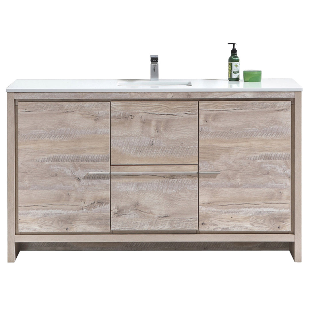 KubeBath Dolce 60″ Nature Wood Modern Bathroom Vanity with White Quartz Counter-Top AD660SNW