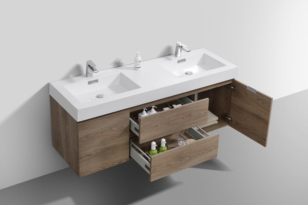 KubeBath Bliss 60" Double  Sink Butternut Wall Mount Modern Bathroom Vanity BSL60D-BTN