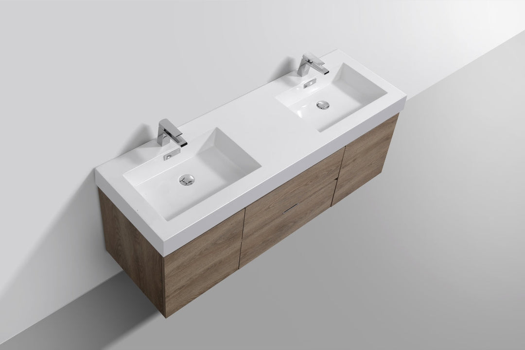 KubeBath Bliss 60" Double  Sink Butternut Wall Mount Modern Bathroom Vanity BSL60D-BTN