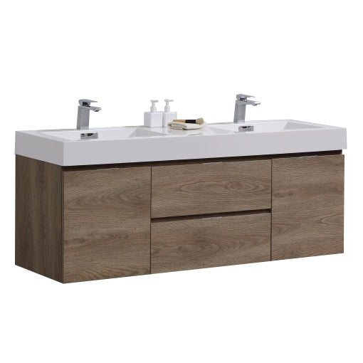 KubeBath Bliss 60" Double  Sink Butternut Wall Mount Modern Bathroom Vanity BSL60D-BTN