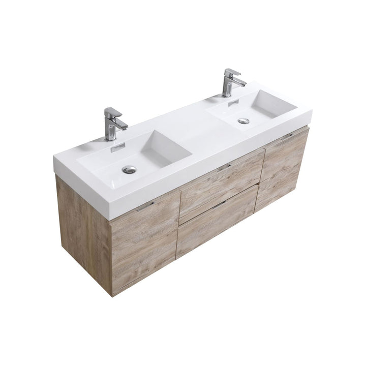 KubeBath Bliss 60" Double  Sink Nature Wood Wall Mount Modern Bathroom Vanity BSL60D-NW