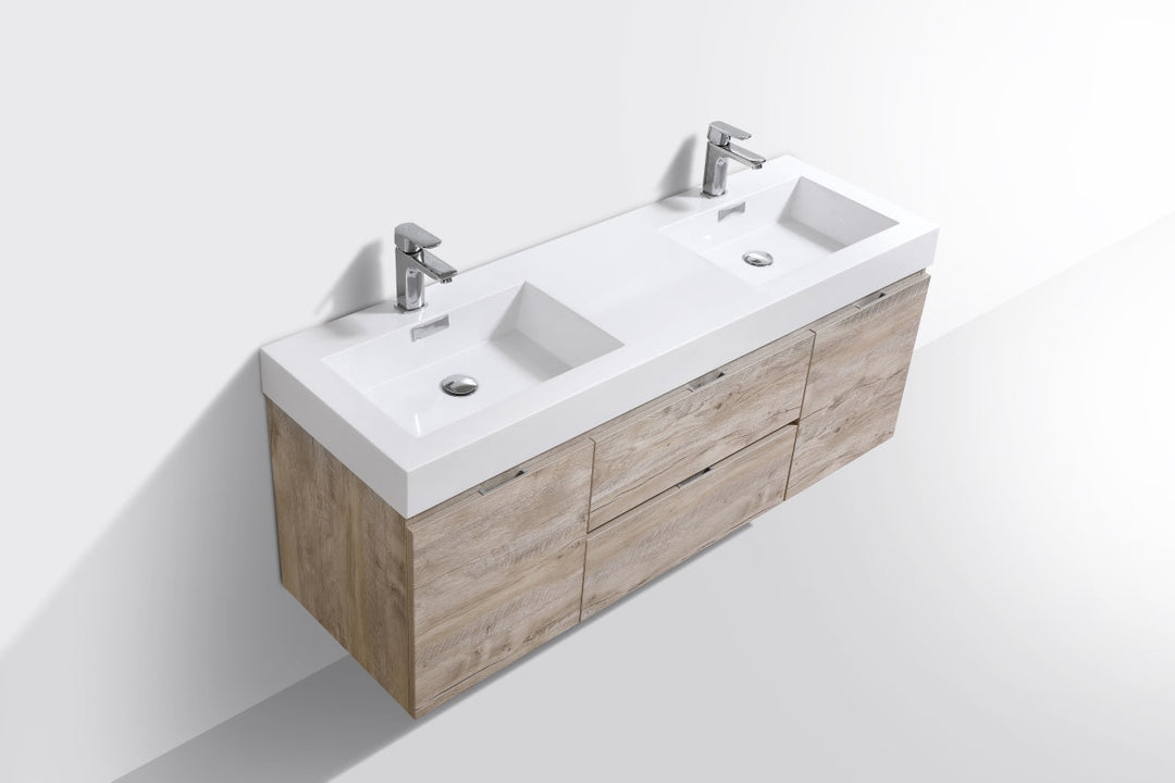 KubeBath Bliss 60" Double  Sink Nature Wood Wall Mount Modern Bathroom Vanity BSL60D-NW