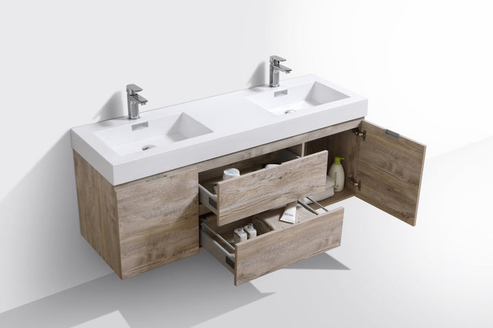 KubeBath Bliss 60" Double  Sink Nature Wood Wall Mount Modern Bathroom Vanity BSL60D-NW