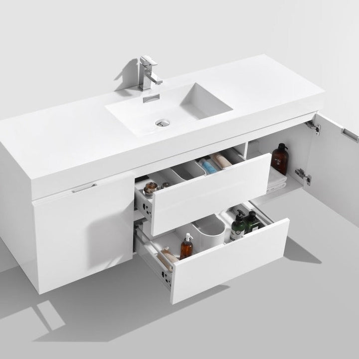 KubeBath Bliss 60" Single Sink High Gloss White Wall Mount Modern Bathroom Vanity BSL60S-GW