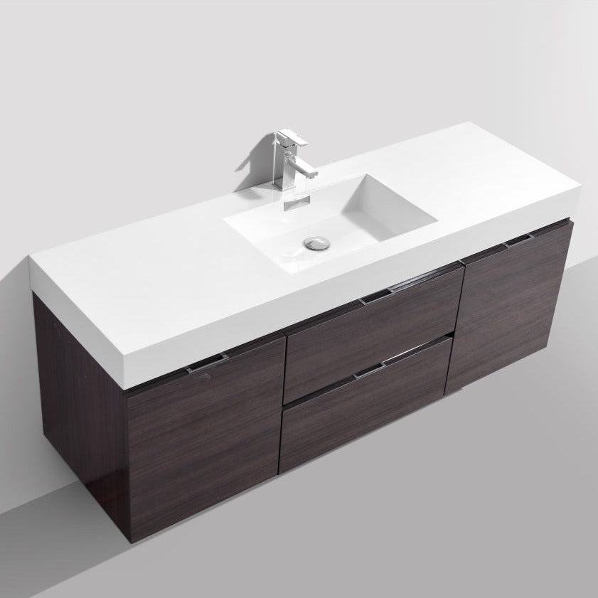KubeBath Bliss 60" Single Sink High Gloss Gray Oak Wall Mount Modern Bathroom Vanity BSL60S-HGGO