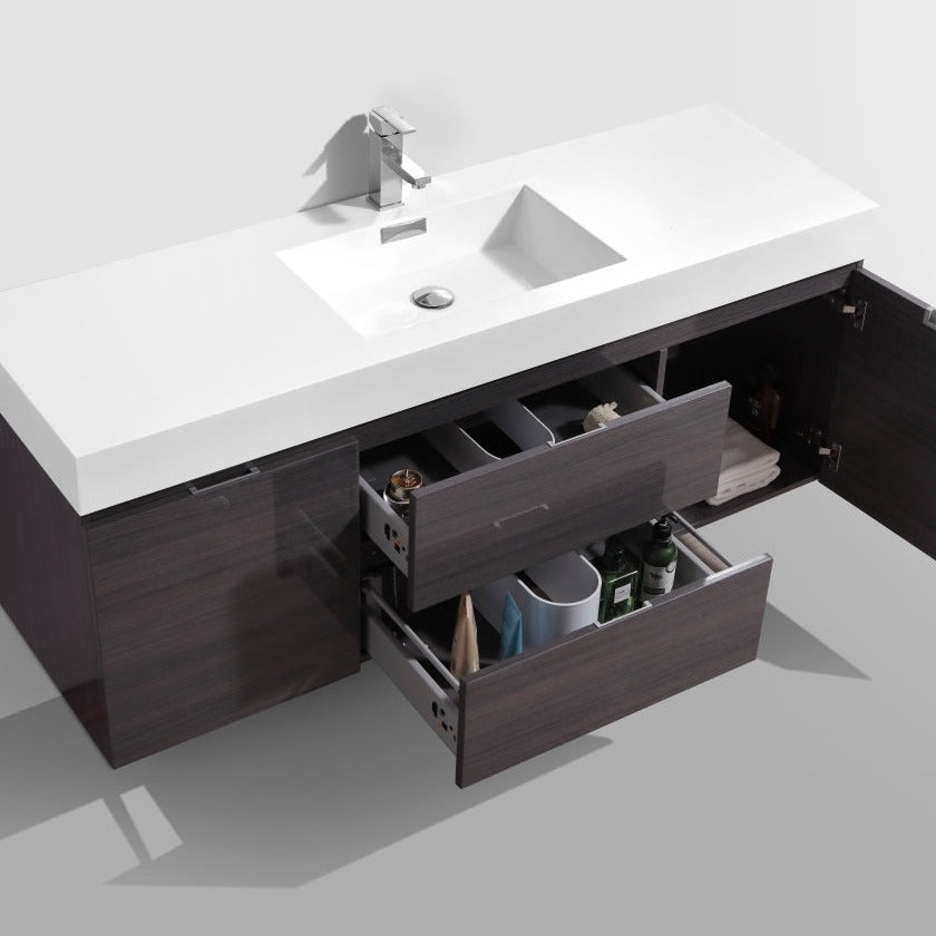 KubeBath Bliss 60" Single Sink High Gloss Gray Oak Wall Mount Modern Bathroom Vanity BSL60S-HGGO