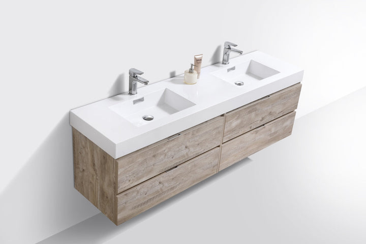 KubeBath Bliss 72" Double  Sink Nature Wood Wall Mount Modern Bathroom Vanity BSL72D-NW