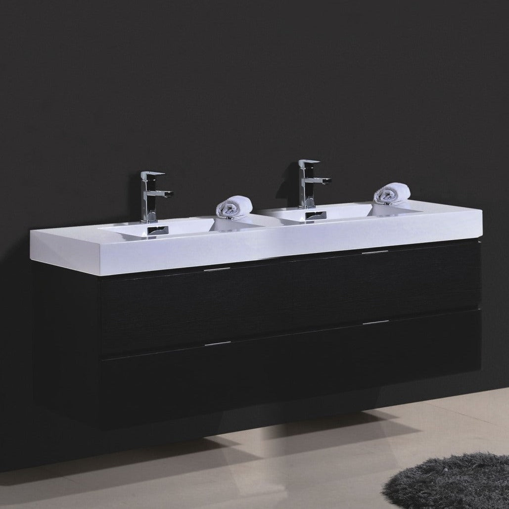 KubeBath Bliss 80" Double  Sink Black Wall Mount Modern Bathroom Vanity BSL80D-BK