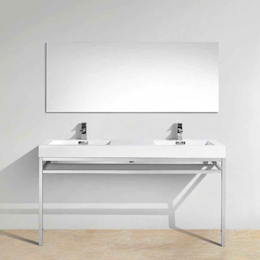 KubeBath Haus 60" Double Sink Stainless Steel Console w/ White Acrylic Sink - Chrome CH60D