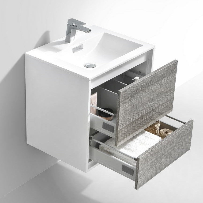 KubeBath DeLusso 24"  Ash Gray Wall Mount Modern Bathroom Vanity DL24-HGASH