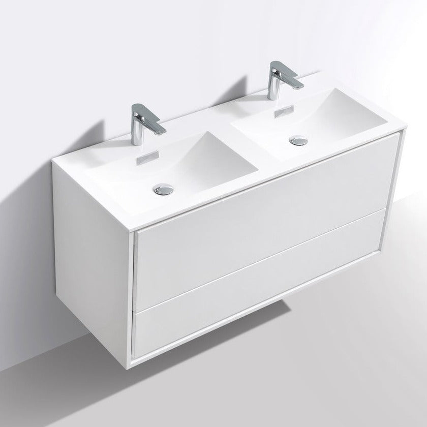 KubeBath DeLusso 48" Double Sink High Glossy White Wall Mount Modern Bathroom Vanity DL48D-GW