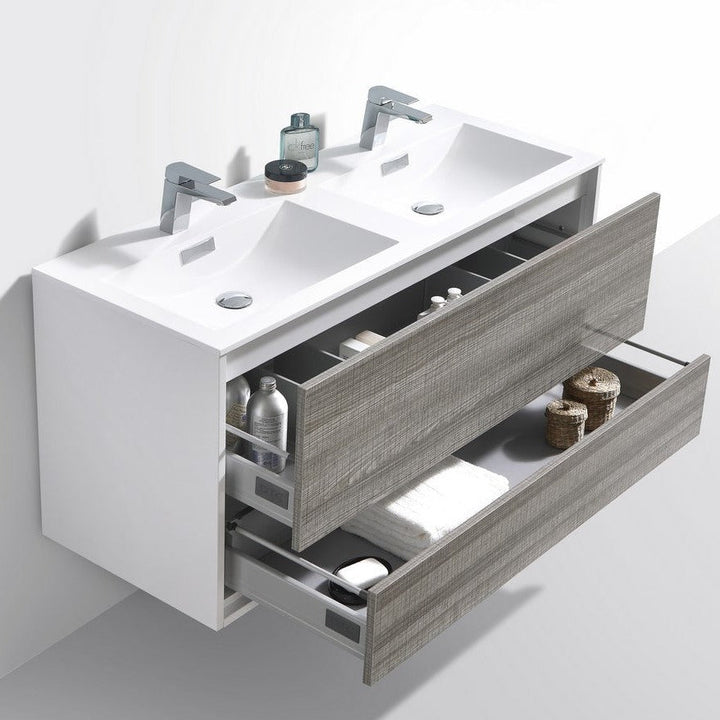 KubeBath DeLusso 48" Double Sink  Ash Gray Wall Mount Modern Bathroom Vanity DL48D-HGASH