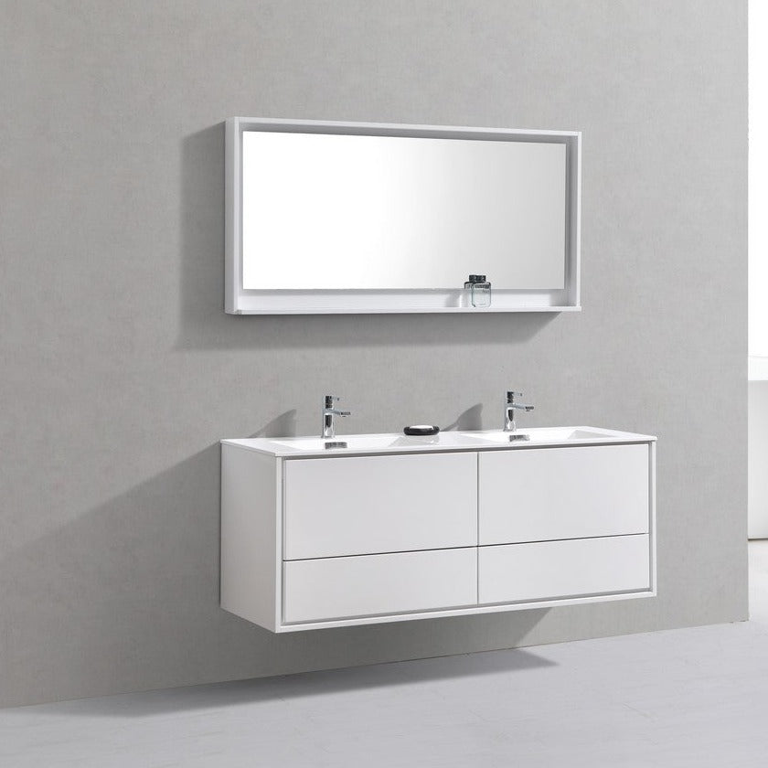 KubeBath DeLusso 60" Double Sink High Glossy White Wall Mount Modern Bathroom Vanity DL60D-GW