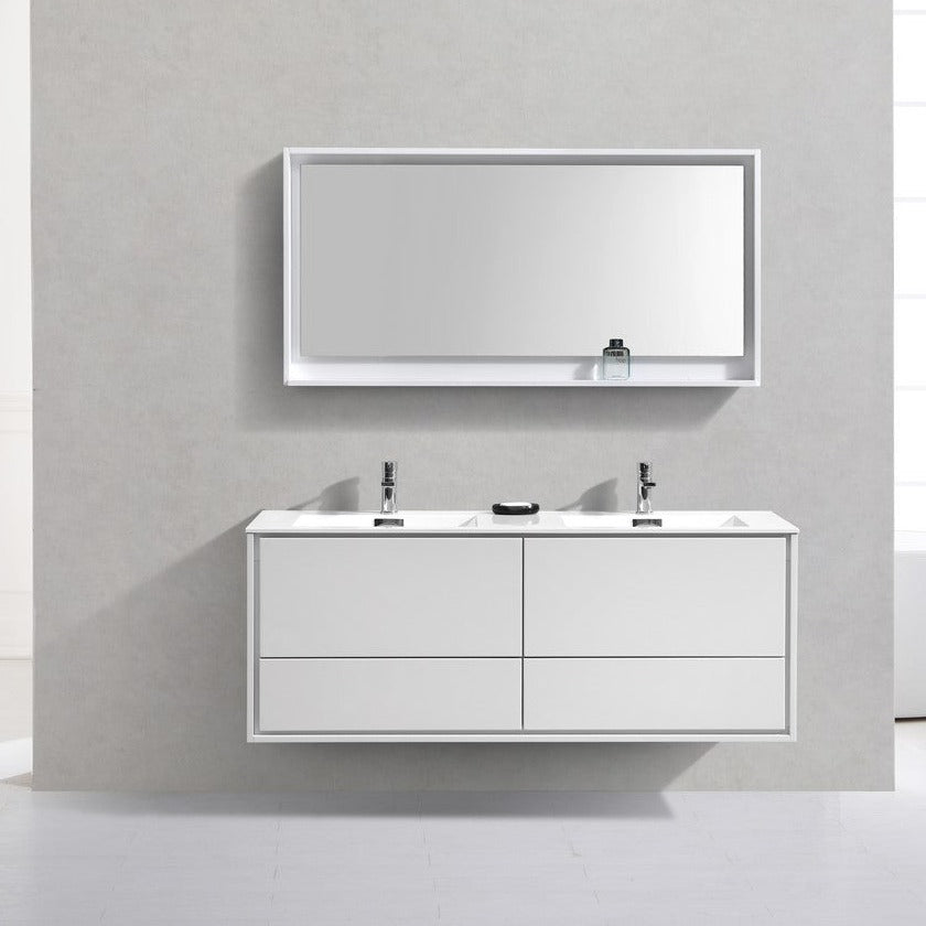 KubeBath DeLusso 60" Double Sink High Glossy White Wall Mount Modern Bathroom Vanity DL60D-GW