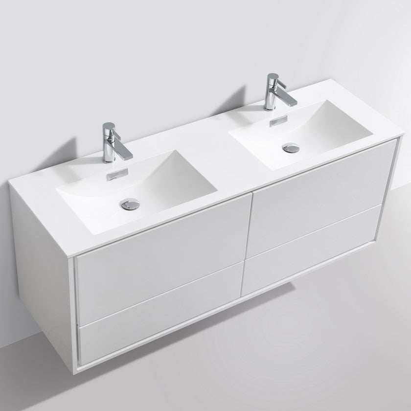 KubeBath DeLusso 60" Double Sink High Glossy White Wall Mount Modern Bathroom Vanity DL60D-GW