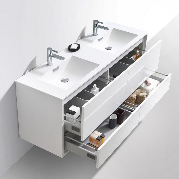 KubeBath DeLusso 60" Double Sink High Glossy White Wall Mount Modern Bathroom Vanity DL60D-GW