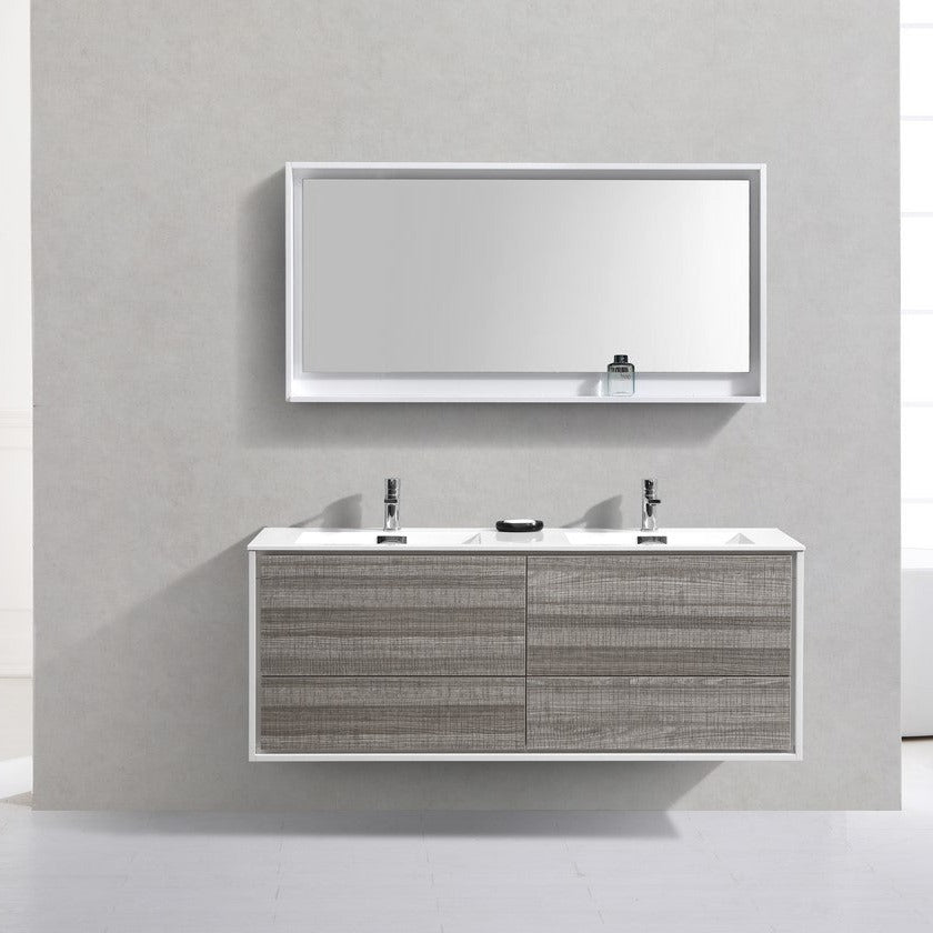 KubeBath DeLusso 60" Double Sink  Ash Gray Wall Mount Modern Bathroom Vanity DL60D-HGASH