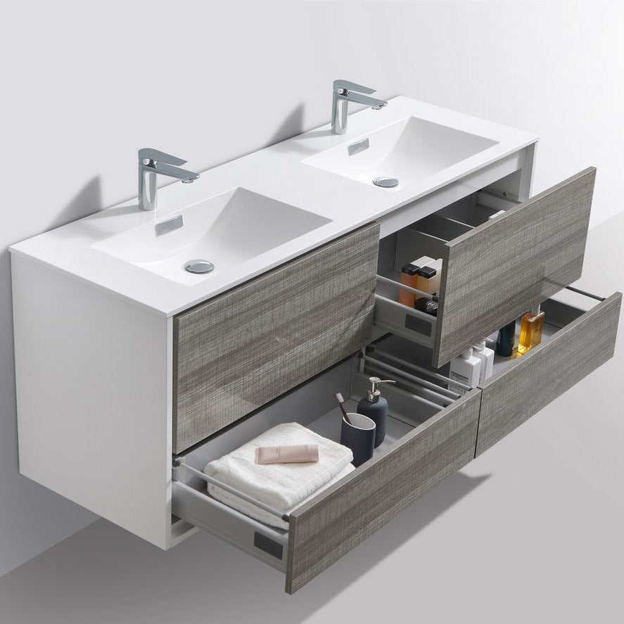 KubeBath DeLusso 60" Double Sink  Ash Gray Wall Mount Modern Bathroom Vanity DL60D-HGASH