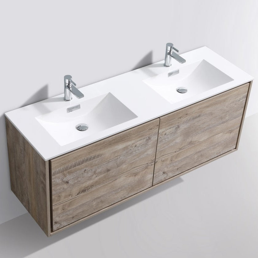 KubeBath DeLusso 60" Double Sink Nature Wood Wall Mount Modern Bathroom Vanity DL60D-NW