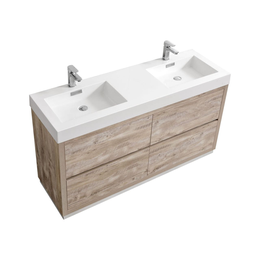 KubeBath Bliss 60" Double  Sink Nature Wood Free Standing Modern Bathroom Vanity FMB60D-NW