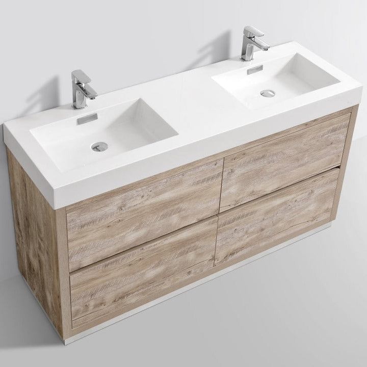 KubeBath Bliss 60" Double  Sink Nature Wood Free Standing Modern Bathroom Vanity FMB60D-NW