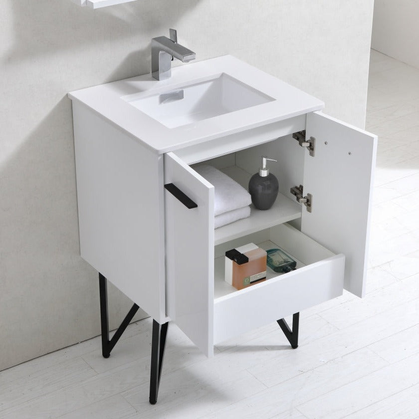 KubeBath Bosco 24" Modern Bathroom Vanity w/ Quartz Countertop and Matching Mirror KB24GW