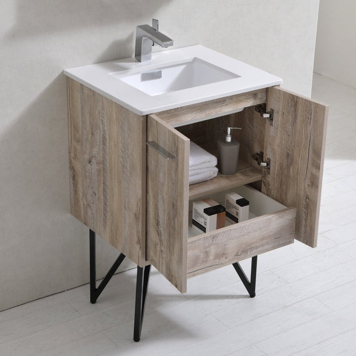 KubeBath Bosco 24" Modern Bathroom Vanity w/ Quartz Countertop and Matching Mirror KB24NW