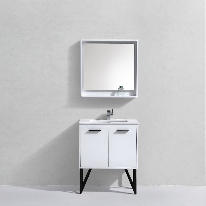 KubeBath Bosco 30" Modern Bathroom Vanity w/ Quartz Countertop and Matching Mirror KB30GW