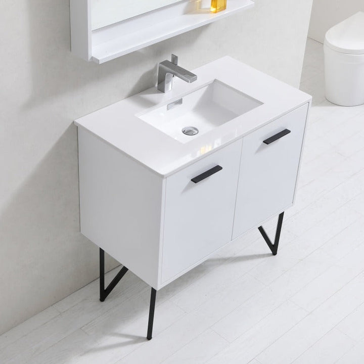 KubeBath Bosco 36" Modern Bathroom Vanity w/ Quartz Countertop and Matching Mirror KB36GW