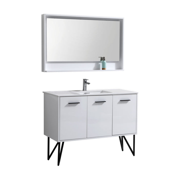 KubeBath Bosco 48" Modern Bathroom Vanity w/ Quartz Countertop and Matching Mirror KB48GW
