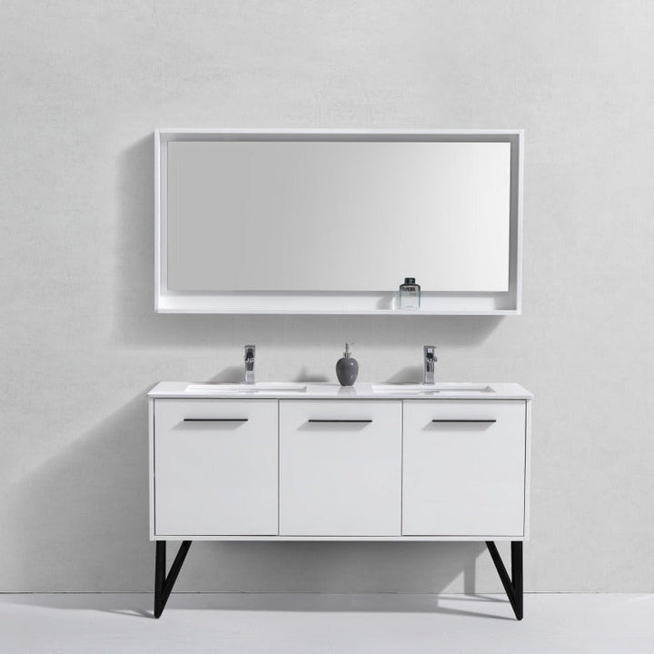 KubeBath Bosco 60" Double Sink Modern Bathroom Vanity w/ Quartz Countertop and Matching Mirror KB60DGW