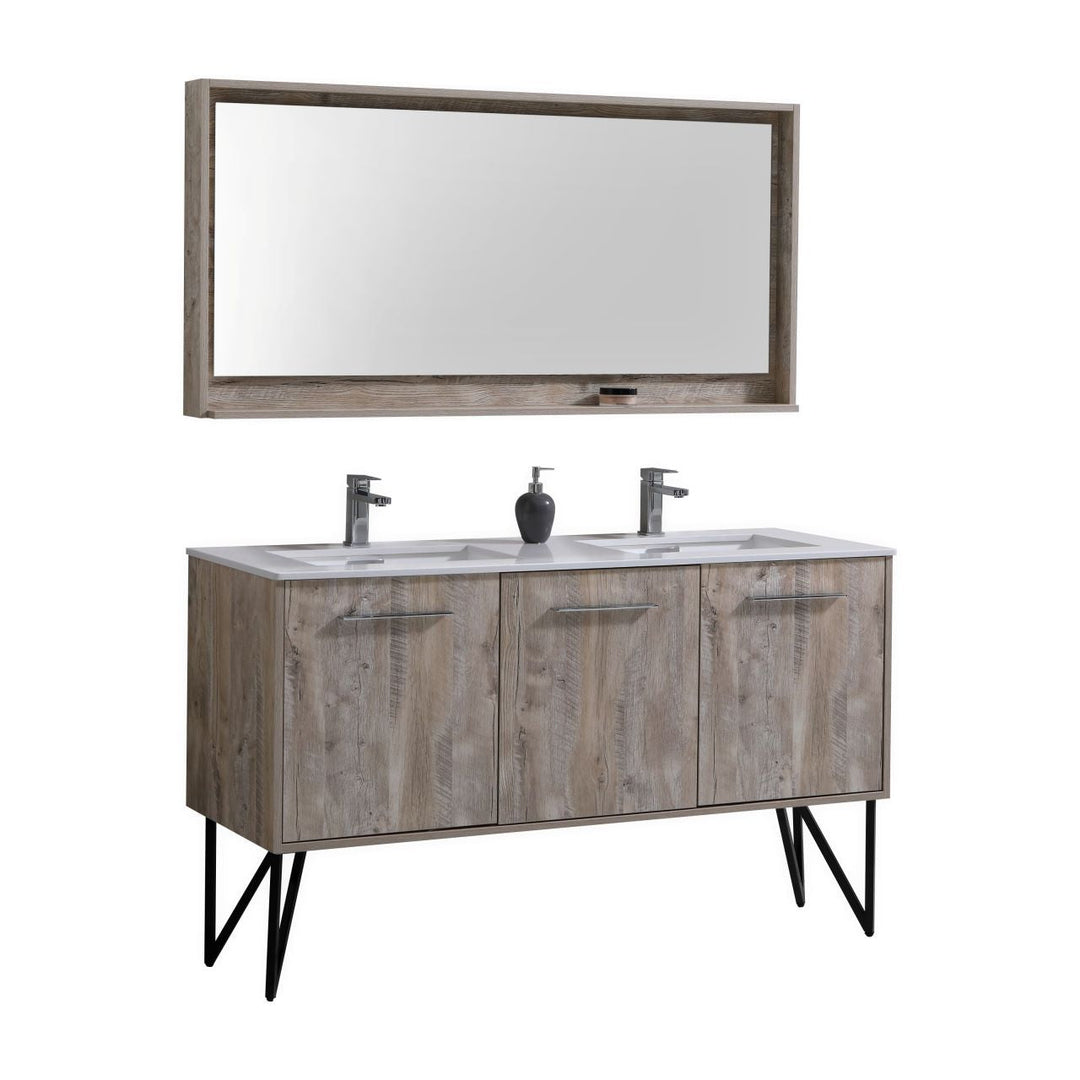 KubeBath Bosco 60" Double Sink Modern Bathroom Vanity w/ Quartz Countertop and Matching Mirror KB60DNW