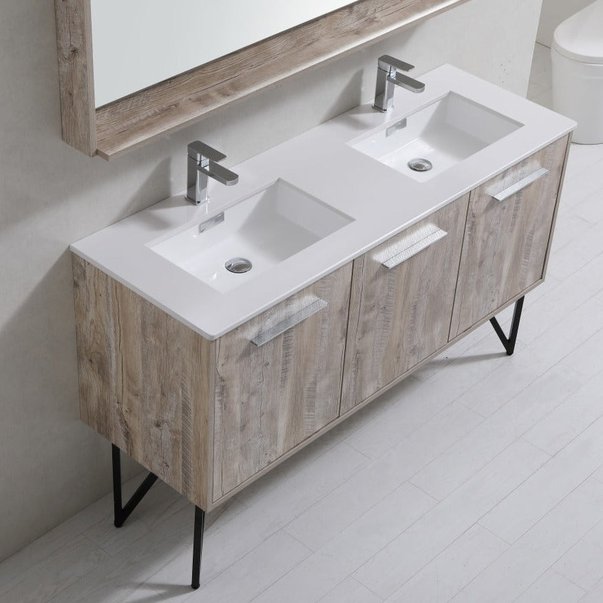 KubeBath Bosco 60" Double Sink Modern Bathroom Vanity w/ Quartz Countertop and Matching Mirror KB60DNW