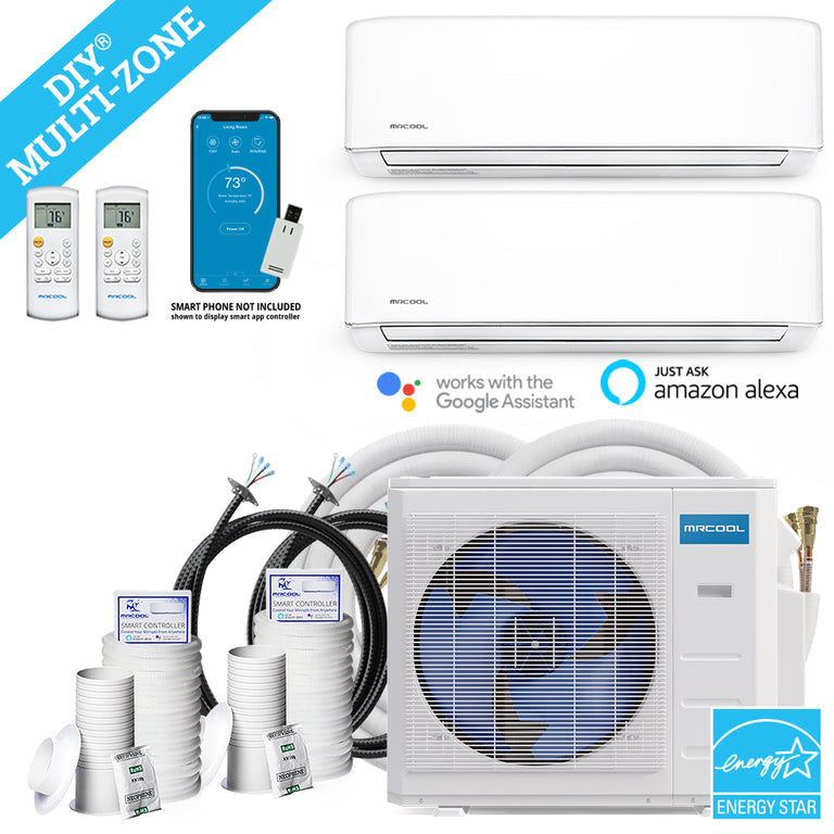 MRCOOL DIY Mini Split - 18,000 BTU 2 Zone Ductless Air Conditioner and Heat Pump with 25 ft. Install Kit, DIYM218HPW00C07