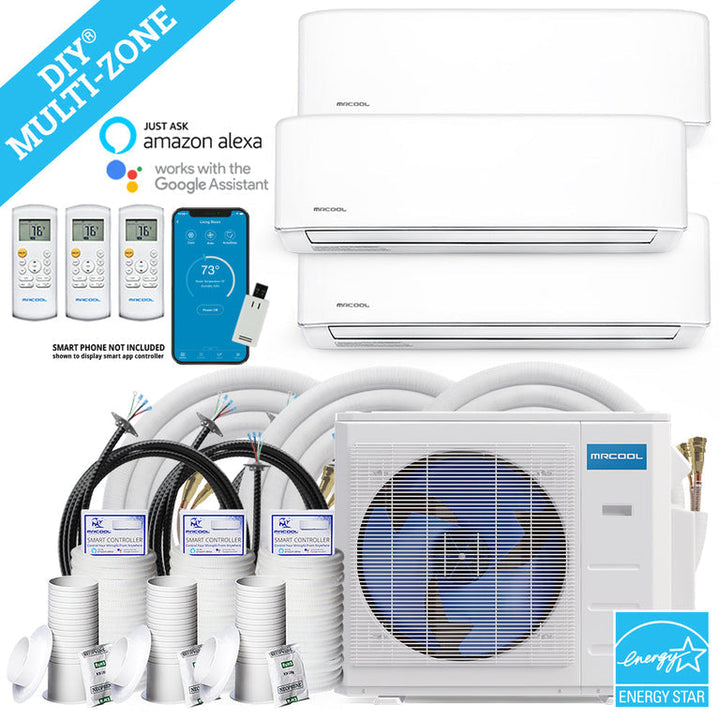 MRCOOL DIY Mini Split - 33,000 BTU 3 Zone Ductless Air Conditioner and Heat Pump with 50 ft. Install Kit, DIYM327HPW02C74