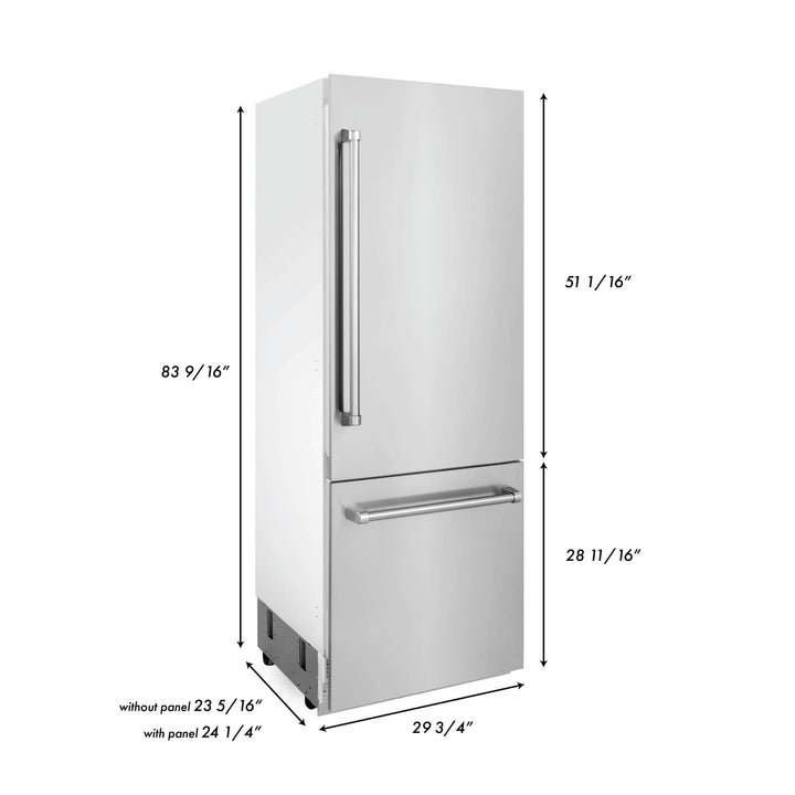 ZLINE 30 in. 16.1 cu. ft. Built-In 2-Door Bottom Freezer Refrigerator with Internal Water and Ice Dispenser in Stainless Steel (RBIV-304-30)