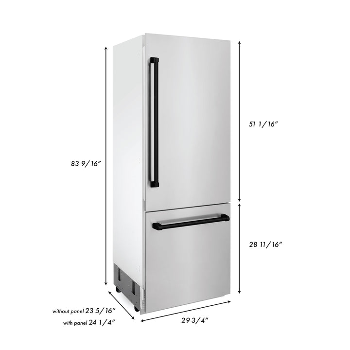ZLINE 30” Autograph Edition 16.1 cu. ft. Built-in 2-Door Bottom Freezer Refrigerator with Internal Water and Ice Dispenser in Stainless Steel with Accents (RBIVZ-304-30)
