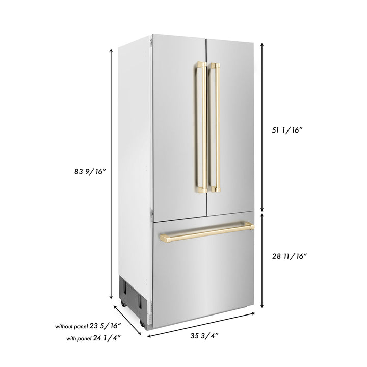 ZLINE 36” Autograph Edition 19.6 cu. ft. Built-in 2-Door Bottom Freezer Refrigerator with Internal Water and Ice Dispenser in Stainless Steel with Polished Gold Accents (RBIVZ-304-36-G)