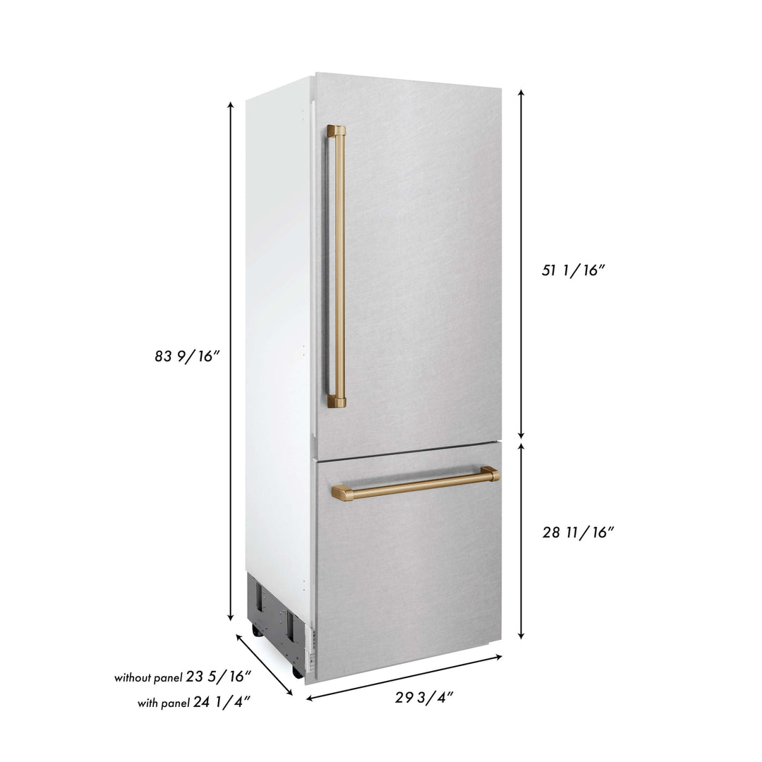 ZLINE 30 in. Autograph Edition 16.1 cu. ft. Built-in 2-Door Bottom Freezer Refrigerator with Internal Water and Ice Dispenser in Fingerprint Resistant Stainless Steel with Accents (RBIVZ-SN-30)