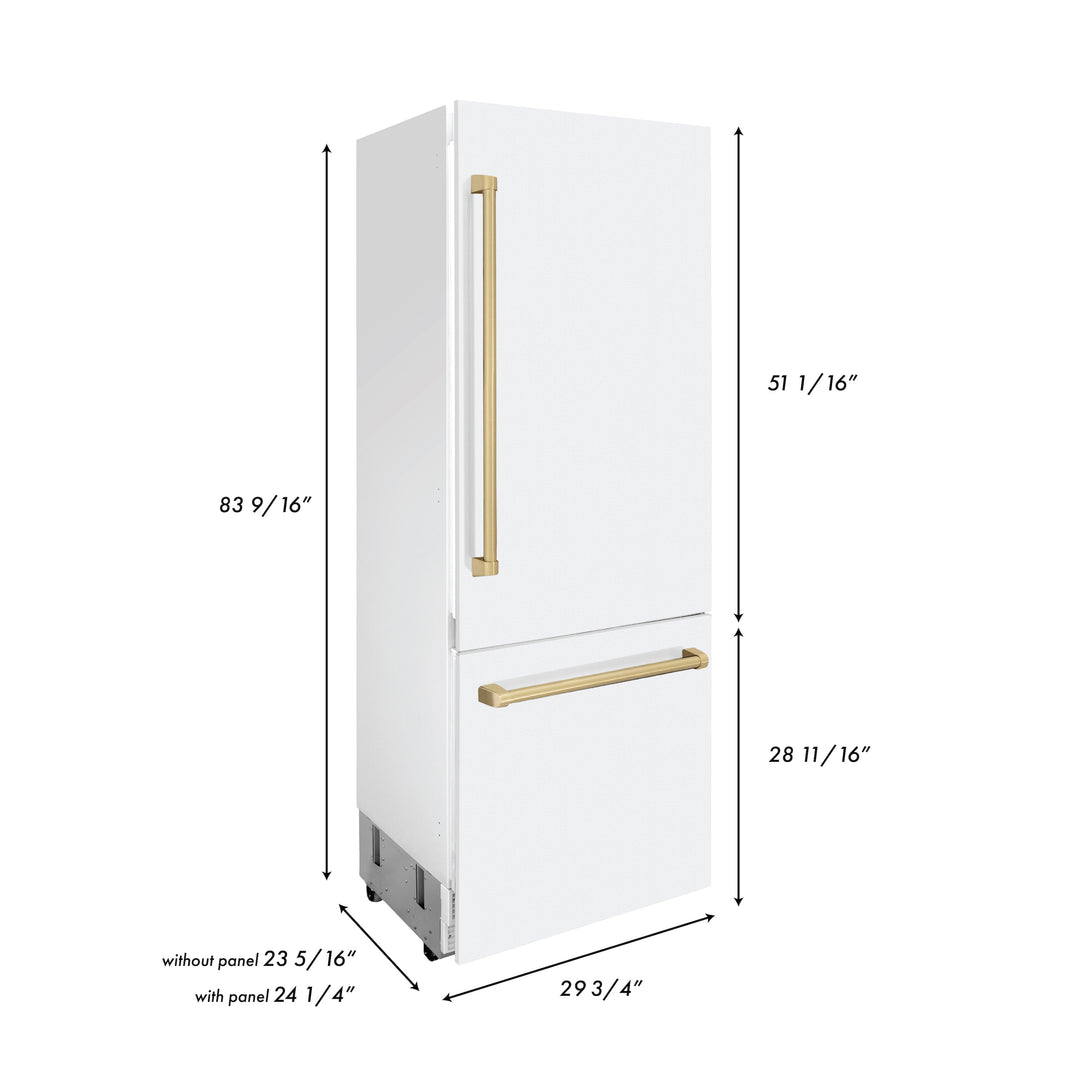 ZLINE 30” Autograph Edition 16.1 cu. ft. Built-in 2-Door Bottom Freezer Refrigerator with Internal Water and Ice Dispenser in White Matte with Accents (RBIVZ-WM-30)
