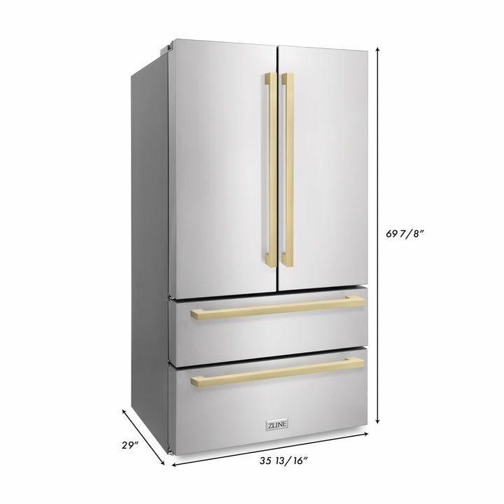 ZLINE 36 in. Autograph Edition 22.5 cu. ft 4-Door French Door Refrigerator with Ice Maker in Stainless Steel with Champagne Bronze Square Handles (RFMZ-36-FCB)
