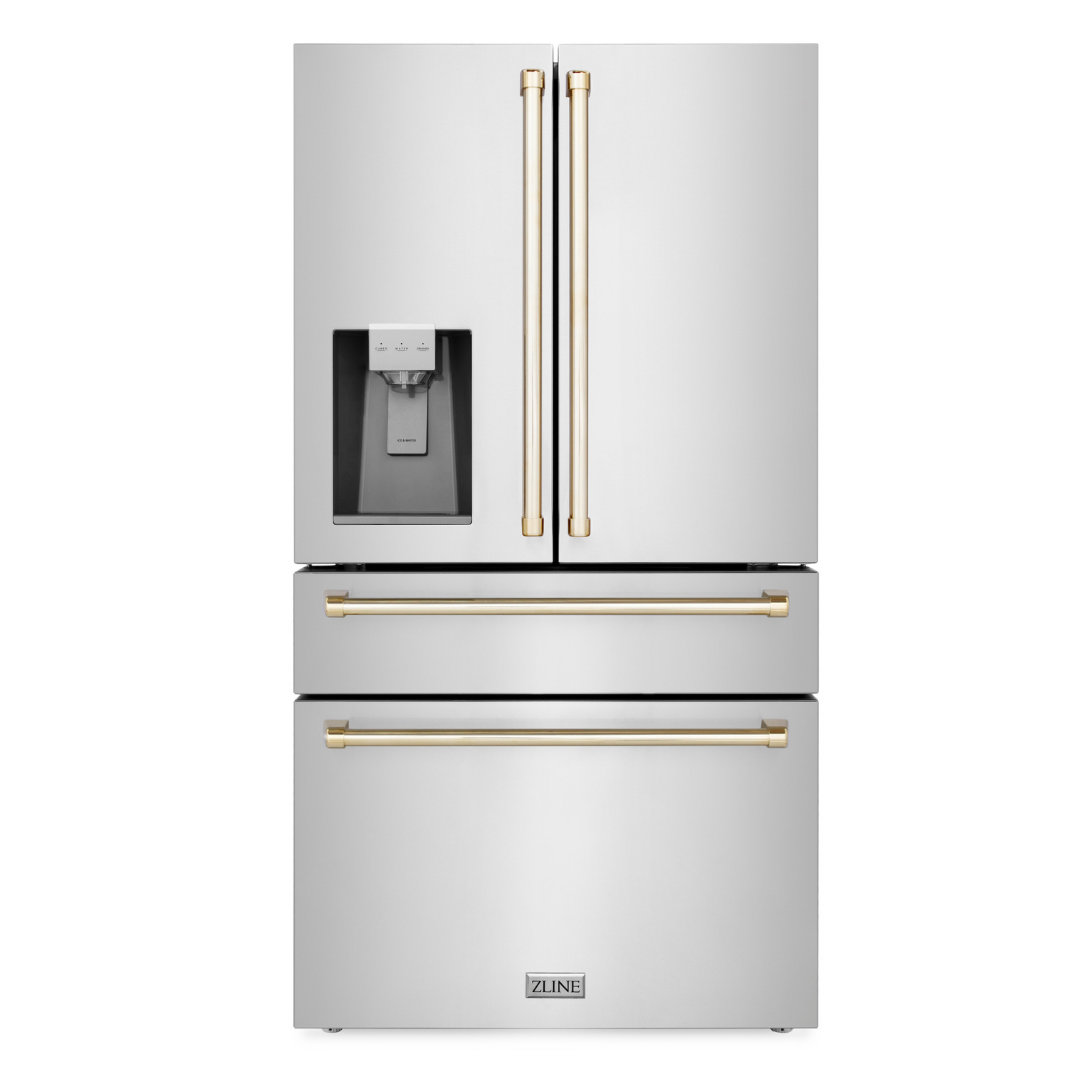 ZLINE 36 in. Autograph Edition 21.6 cu. ft Freestanding French Door Refrigerator with External Water and Ice Dispenser in Fingerprint Resistant Stainless Steel with Gold Accents (RFMZ-W-36)