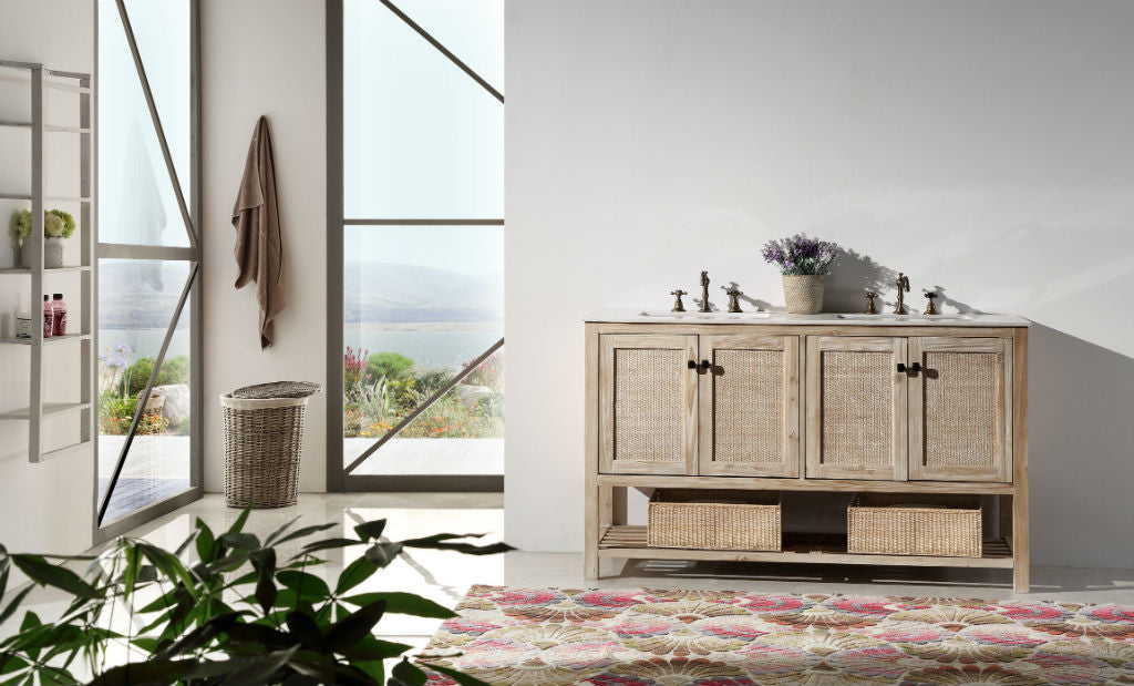 Legion Furniture WH5160 Series 60” Solid Wood Double Sink Vanity in Teak White Rustic with Marble Top
