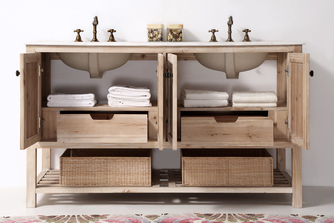 Legion Furniture WH5160 Series 60” Solid Wood Double Sink Vanity in Teak White Rustic with Marble Top