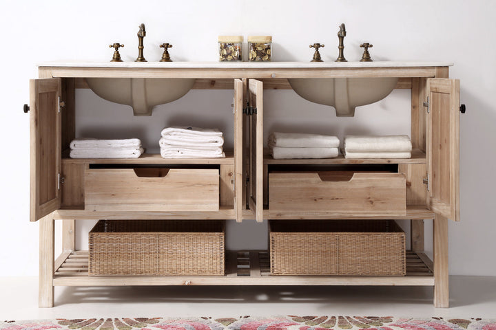 Legion Furniture WH5160 Series 60” Solid Wood Double Sink Vanity in Teak White Rustic with Marble Top