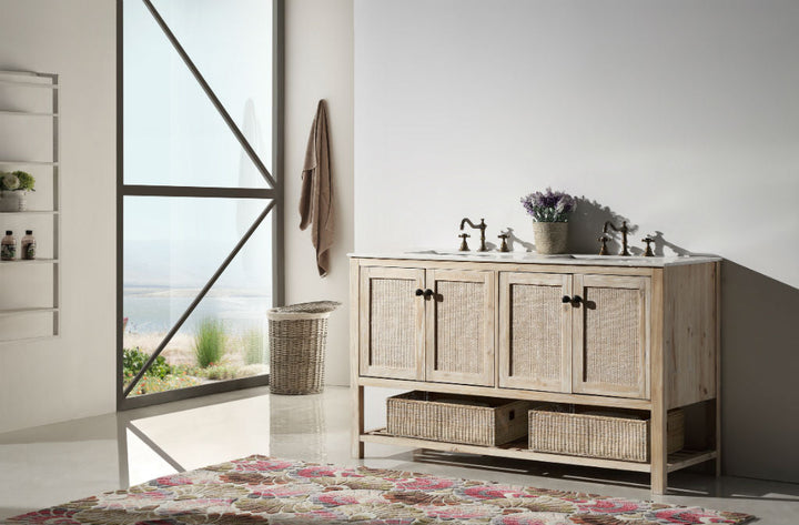 Legion Furniture WH5160 Series 60” Solid Wood Double Sink Vanity in Teak White Rustic with Marble Top