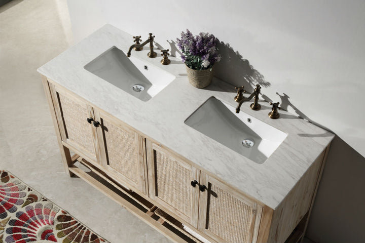Legion Furniture WH5160 Series 60” Solid Wood Double Sink Vanity in Teak White Rustic with Marble Top